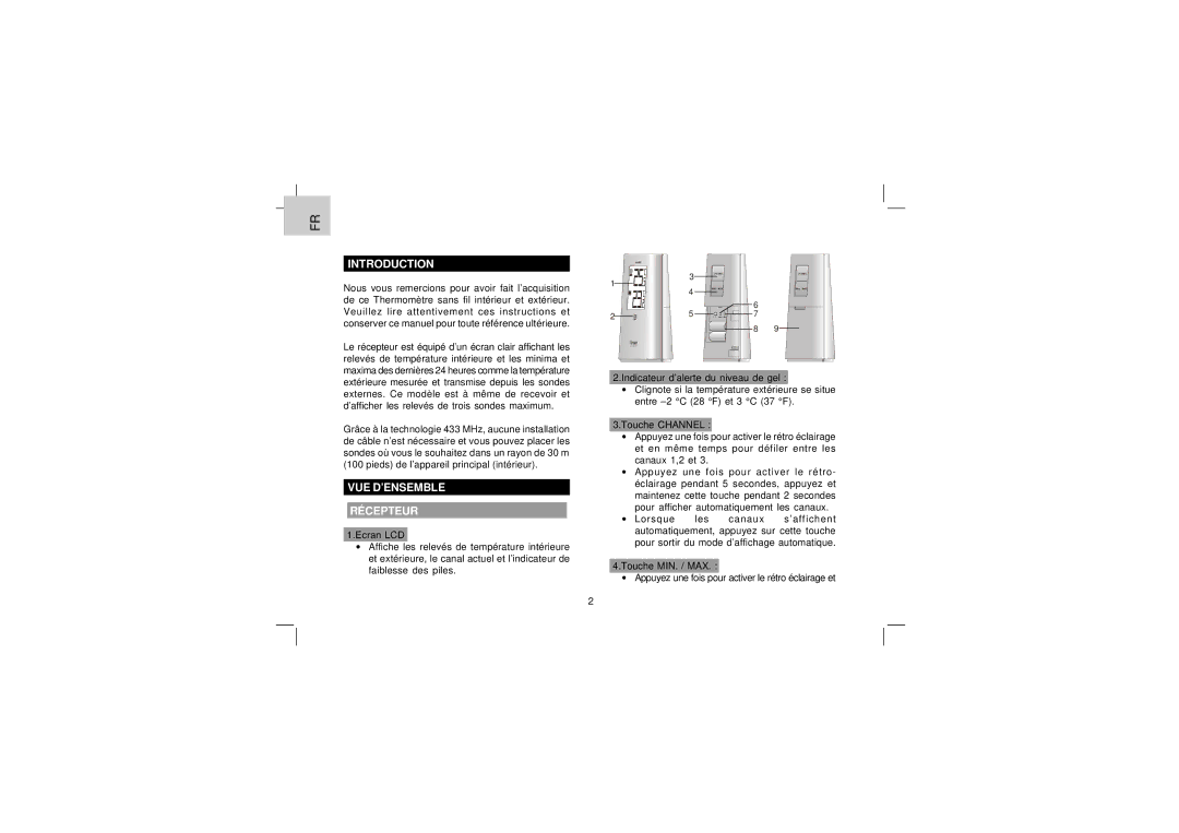 Oregon Scientific EW91 user manual Introduction, VUE D’ENSEMBLE Récepteur 