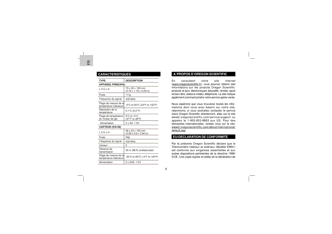 Oregon Scientific EW91 user manual Caracteristiques, Propos D’OREGON Scientific EU-DECLARATION DE Conformité 