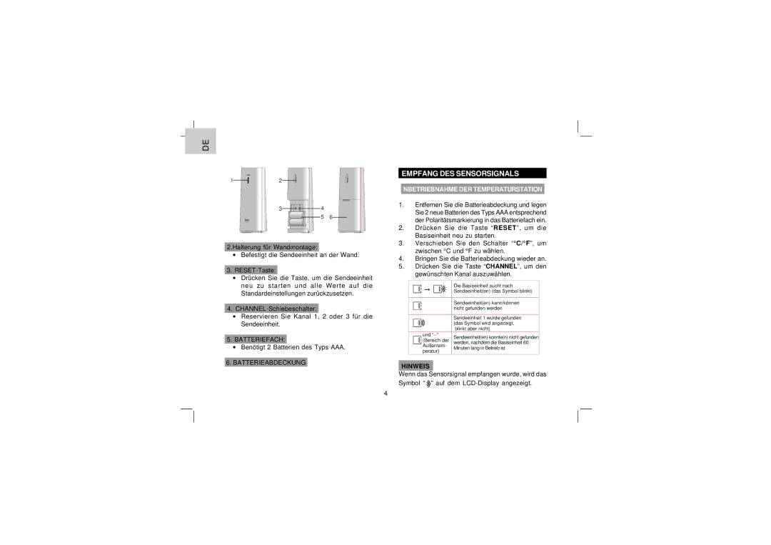 Oregon Scientific EW91 user manual Empfang DES Sensorsignals, Nbetriebnahme DER Temperaturstation 