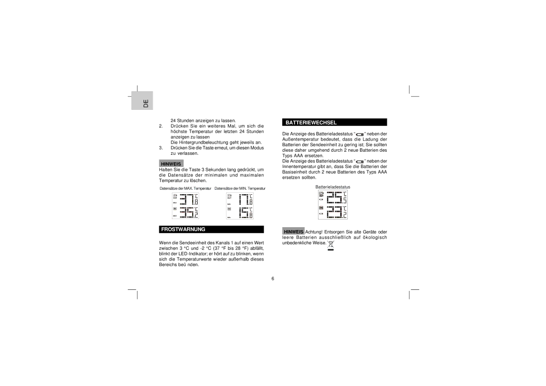 Oregon Scientific EW91 user manual Frostwarnung, Batteriewechsel 