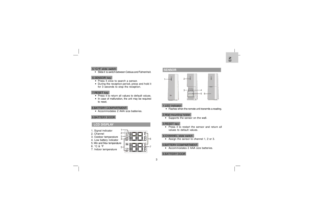 Oregon Scientific EW91 user manual LCD Display, Sensor 