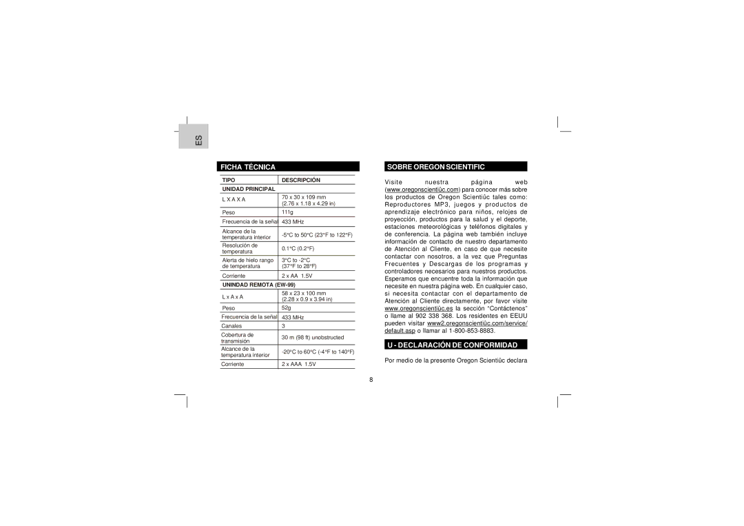 Oregon Scientific EW91 user manual Ficha Técnica, Sobre Oregon Scientific Declaración DE Conformidad 