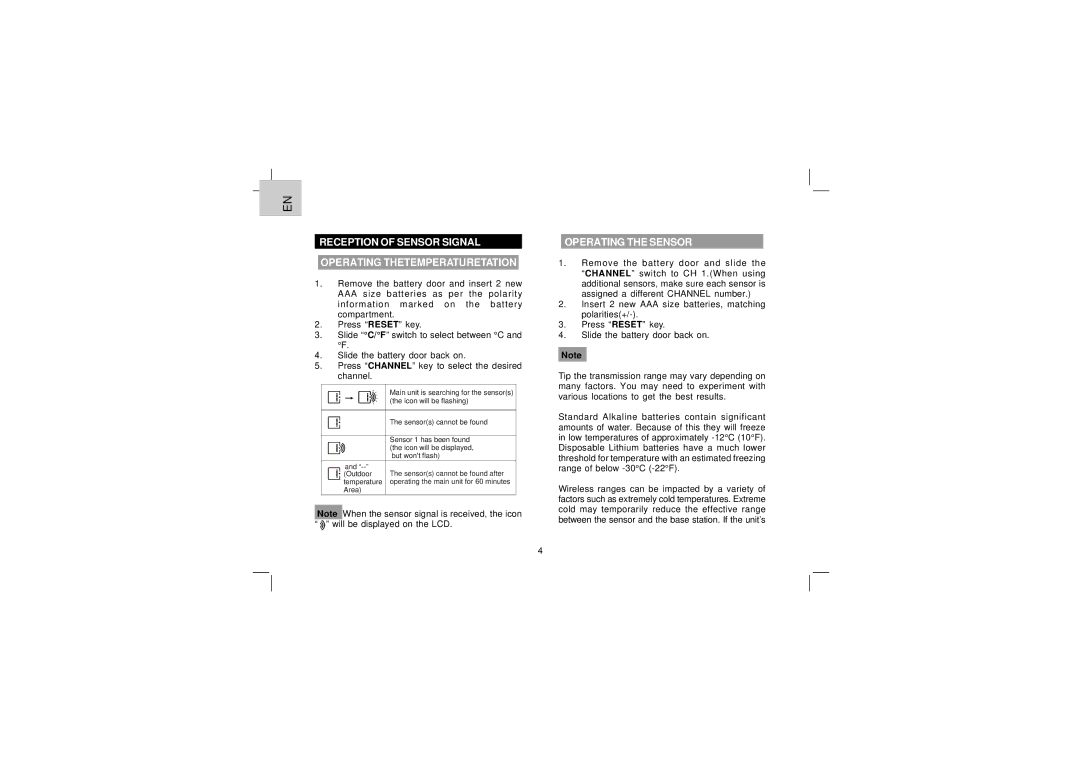 Oregon Scientific EW91 user manual Reception of Sensor Signal Operating Thetemperaturetation, Operating the Sensor 