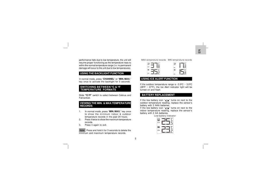 Oregon Scientific EW91 Using the Backlight Function, Temperature Formats, Viewing the MIN. & MAX.TEMPERATURE Records 