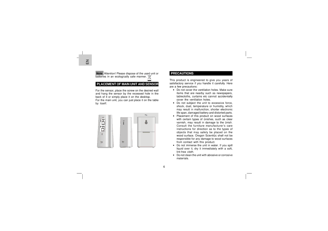 Oregon Scientific EW91 user manual Placement of Main Unit and Sensor, Precautions 