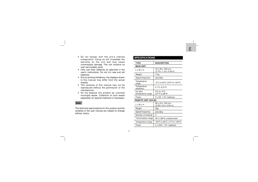 Oregon Scientific EW91 user manual Specifications, Type Description Main Unit 