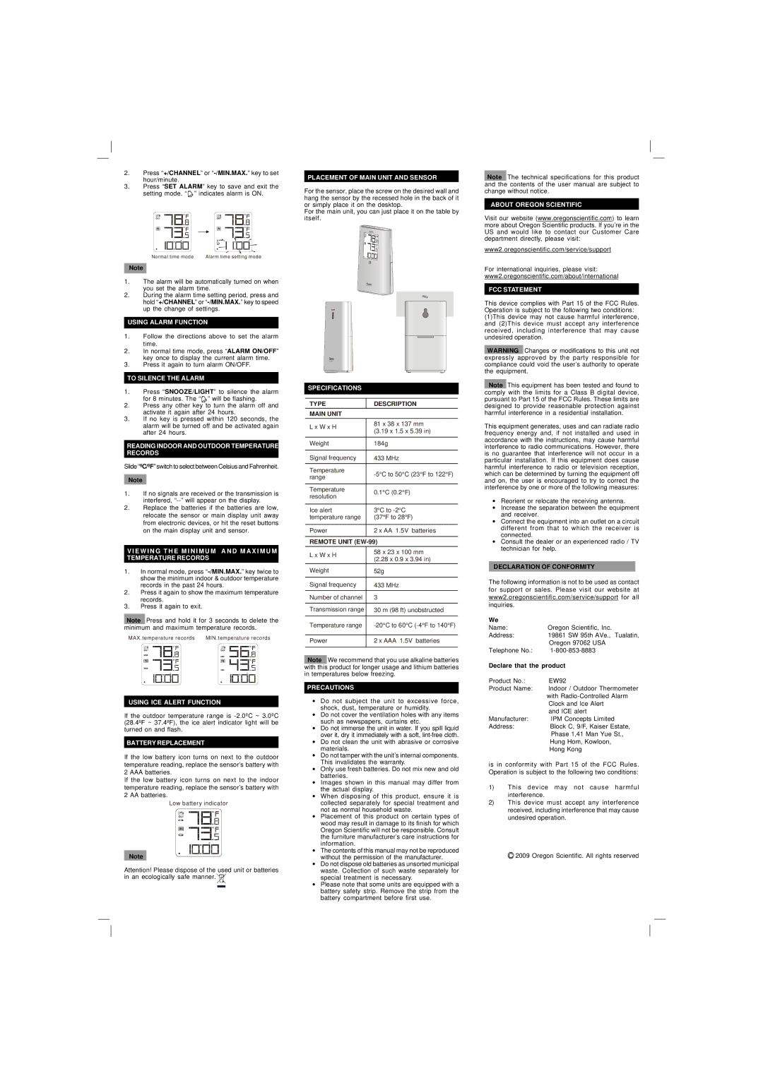 Oregon Scientific EW92 Using Alarm Function, To Silence the Alarm, Reading Indoor and Outdoor Temperature Records 