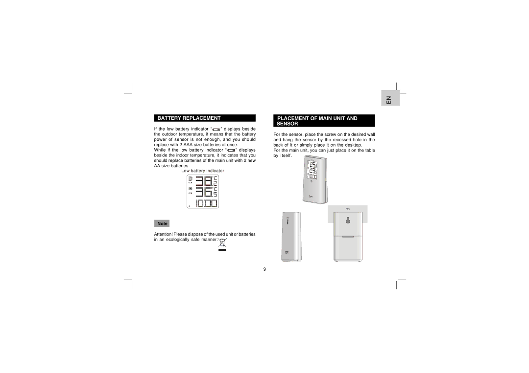 Oregon Scientific EW92 user manual Battery Replacement, Placement of Main Unit Sensor 