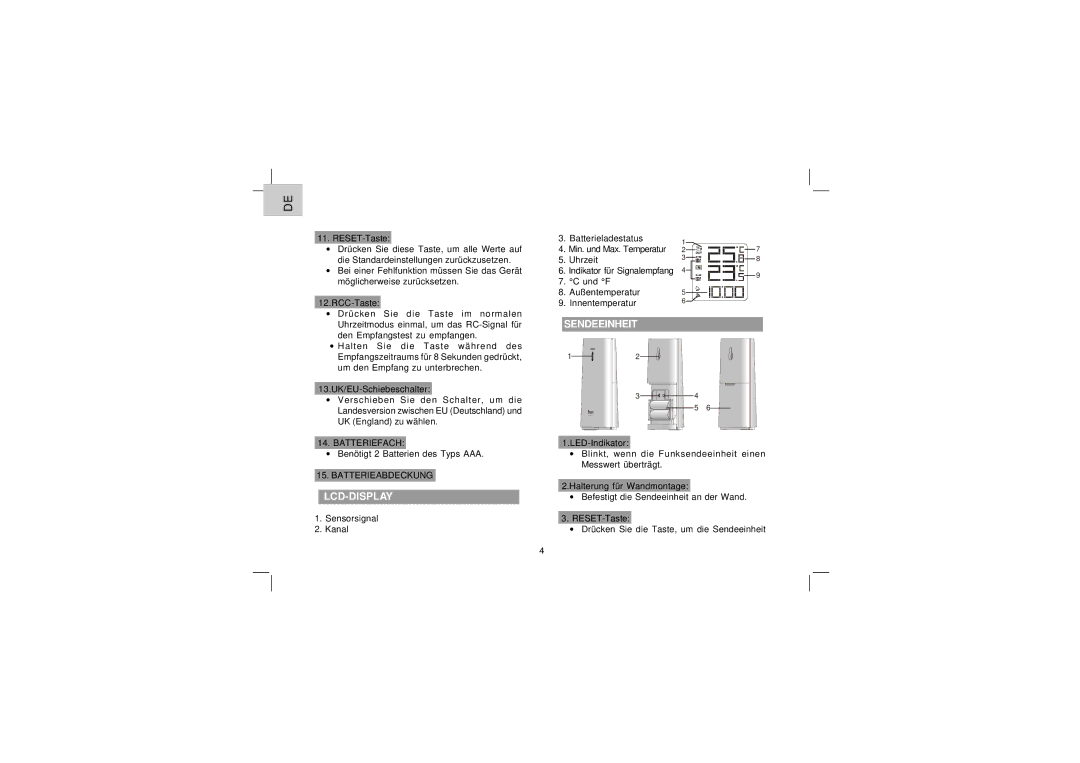 Oregon Scientific EW92 user manual Sendeeinheit, Lcd-Display 