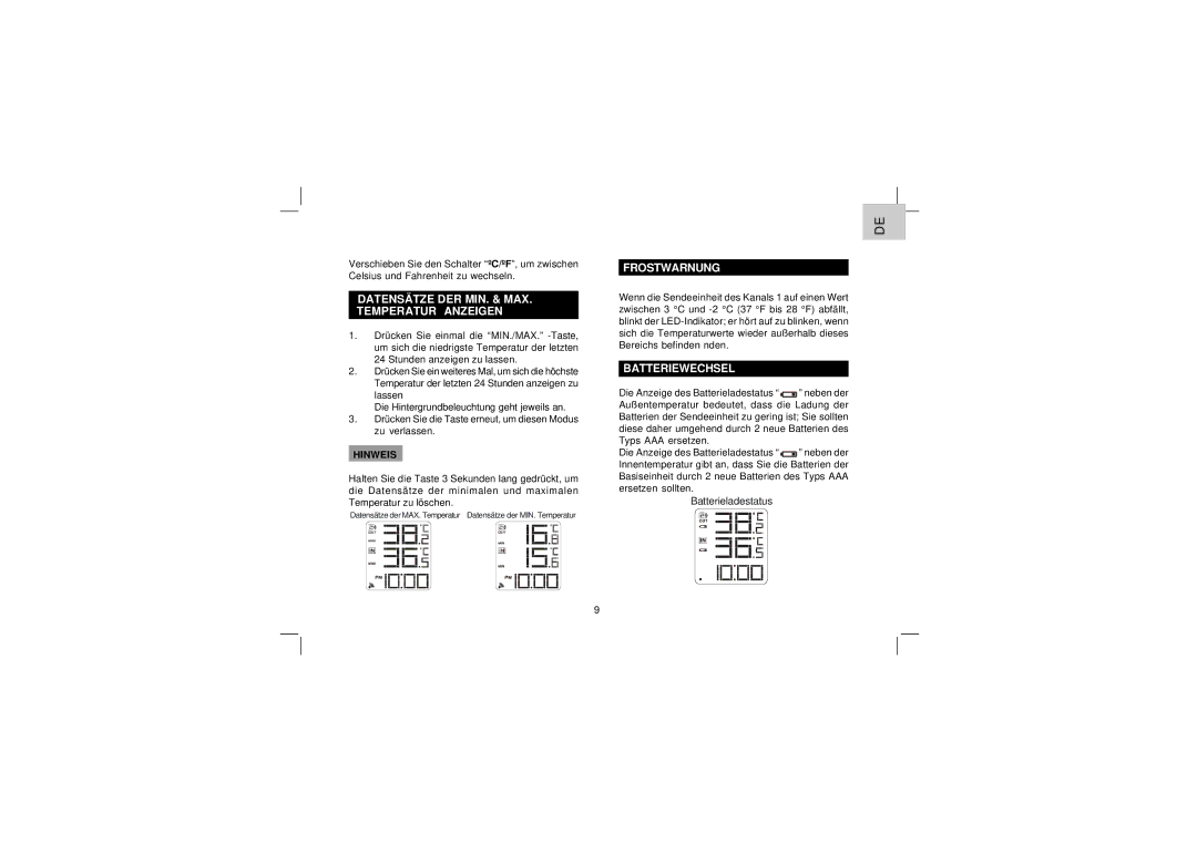 Oregon Scientific EW92 user manual Datensätze DER MIN. & MAX. Temperatur Anzeigen, Frostwarnung, Batteriewechsel 