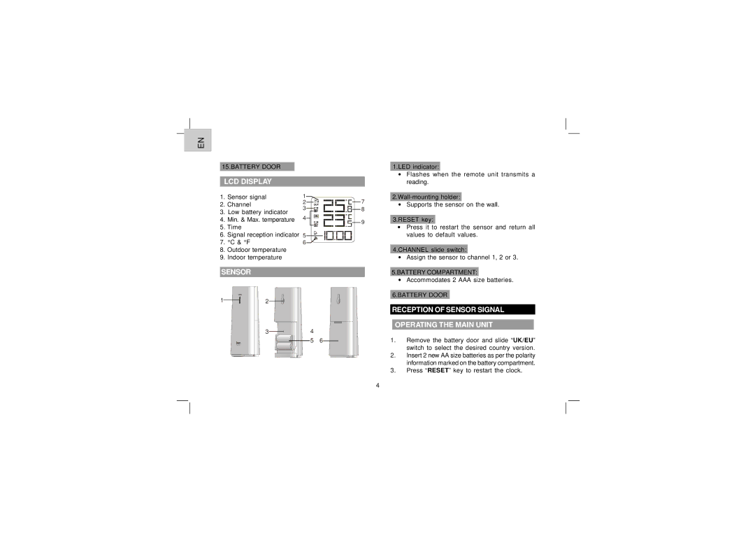 Oregon Scientific EW92 user manual LCD Display, Reception of Sensor Signal Operating the Main Unit 