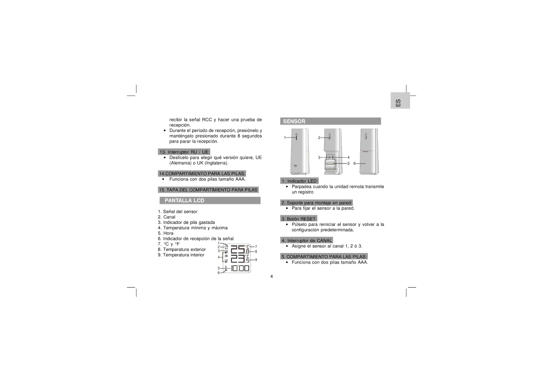 Oregon Scientific EW92 user manual Pantalla LCD, Sensor 