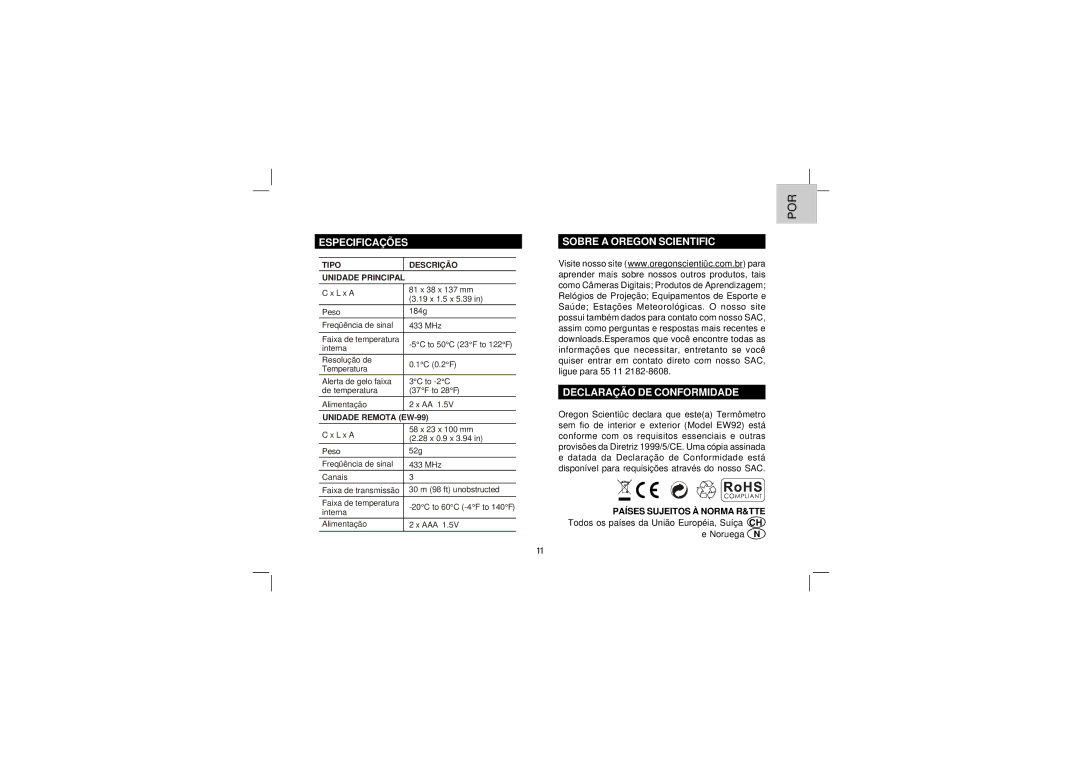Oregon Scientific EW92 user manual Especificações, Sobre a Oregon Scientific Declaração DE Conformidade 