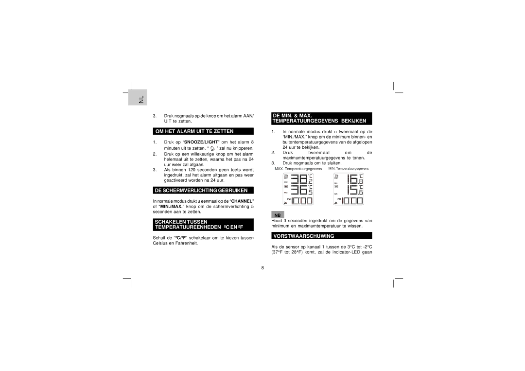 Oregon Scientific EW92 user manual OM HET Alarm UIT TE Zetten, DE Schermverlichting Gebruiken, Vorstwaarschuwing 