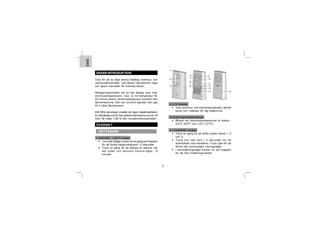 Oregon Scientific EW92 user manual Snabb Introduktion, Översikt Mottagare 