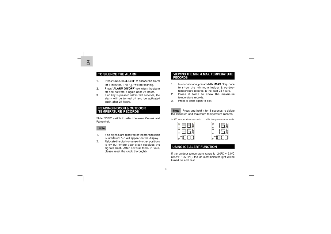 Oregon Scientific EW92 To Silence the Alarm, Reading Indoor & Outdoor Temperature Records, Using ICE Alert Function 
