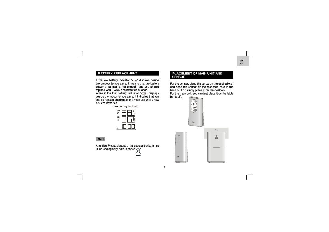 Oregon Scientific EW92 user manual Battery Replacement, Placement Of Main Unit And Sensor 