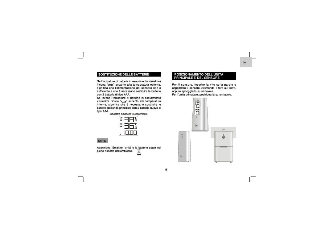 Oregon Scientific EW92 user manual Sostituzione Delle Batterie, Posizionamento Dell’Unità Principale E Del Sensore 