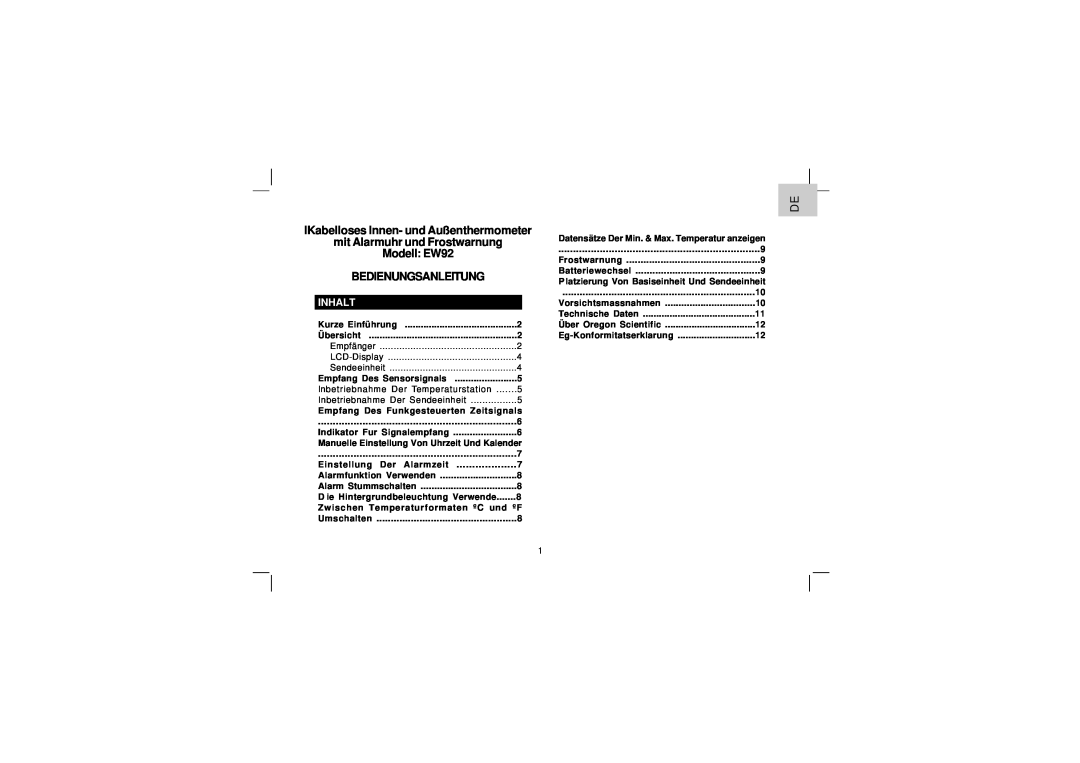 Oregon Scientific user manual IKabelloses Innen- und Außenthermometer mit Alarmuhr und Frostwarnung, Modell EW92, Inhalt 