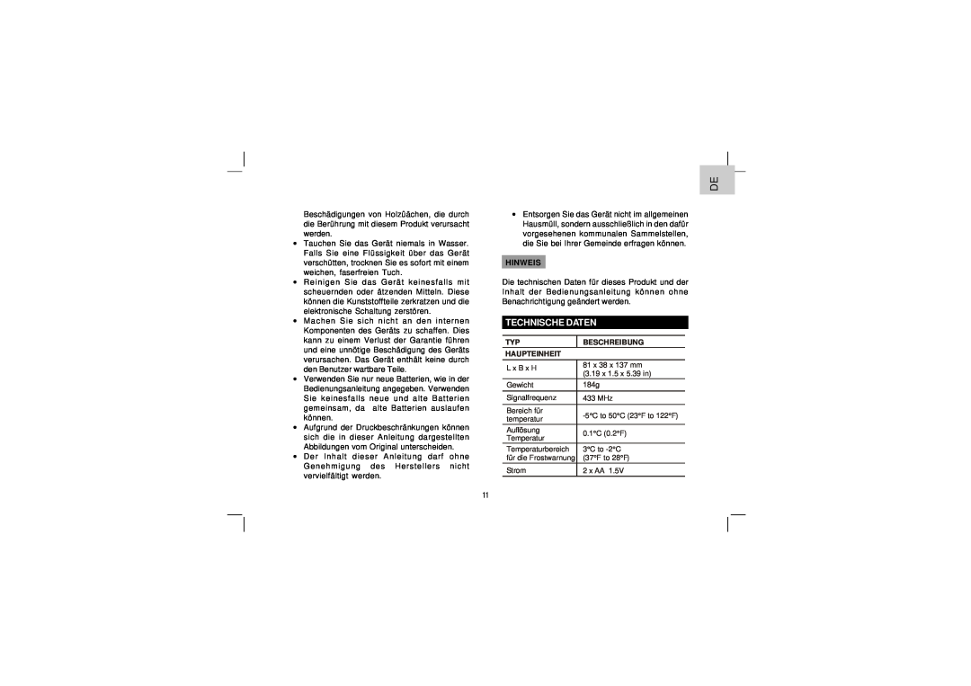 Oregon Scientific EW92 user manual Technische Daten, Beschreibung, Haupteinheit 