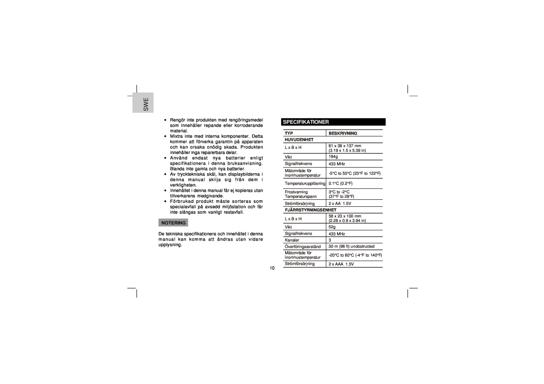 Oregon Scientific EW92 user manual Specifikationer, Beskrivning, Huvudenhet, Fjärrstyrningsenhet 