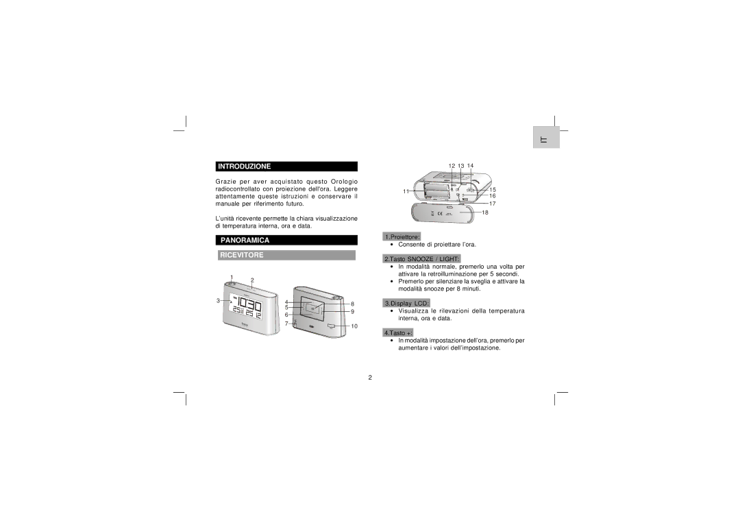 Oregon Scientific EW96 user manual Introduzione, Panoramica Ricevitore 