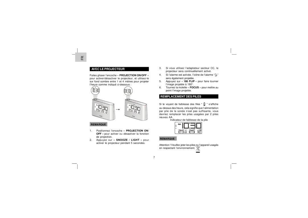 Oregon Scientific EW96 user manual Avec LE Projecteur, Remplacement DES Piles 