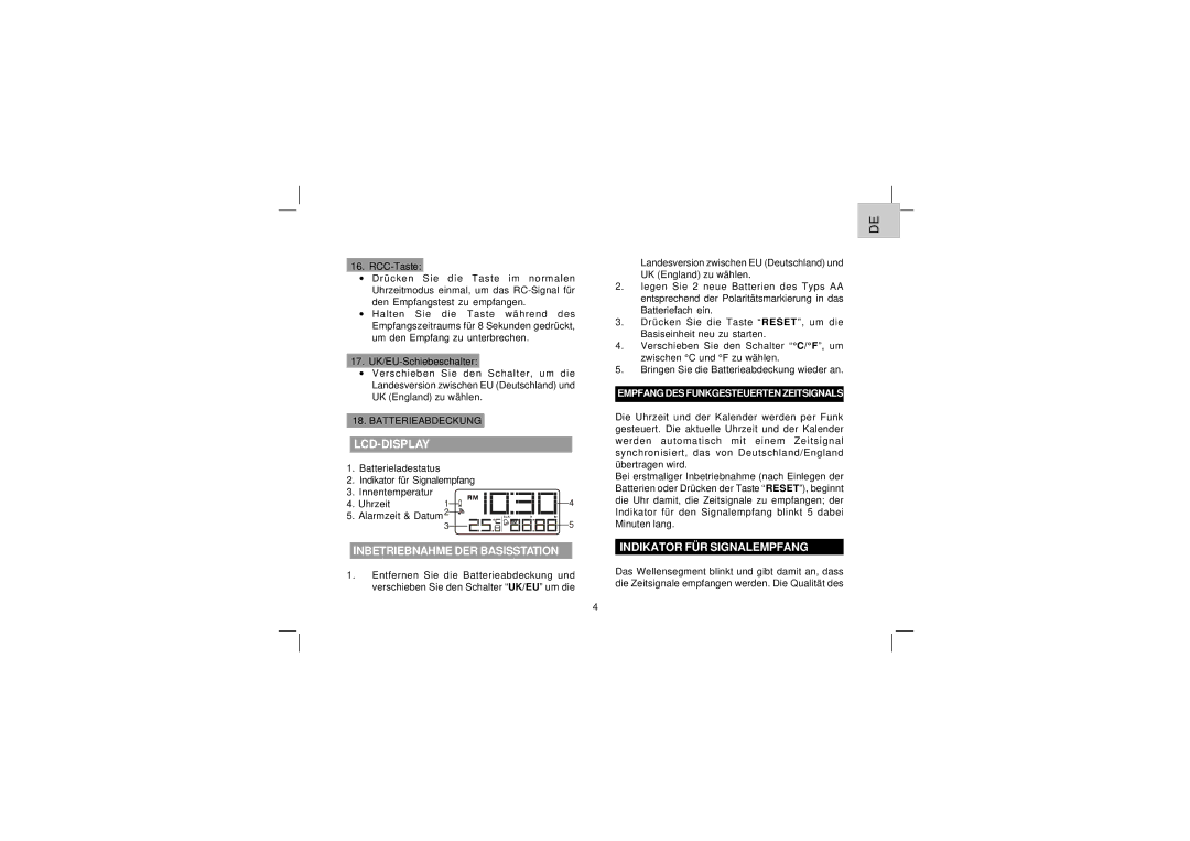 Oregon Scientific EW96 user manual Lcd-Display, Inbetriebnahme DER Basisstation, Indikator FÜR Signalempfang 