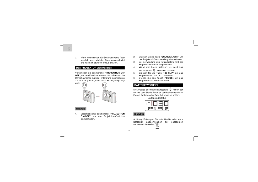 Oregon Scientific EW96 user manual DEN Projektor Verwenden, Batteriewechsel 