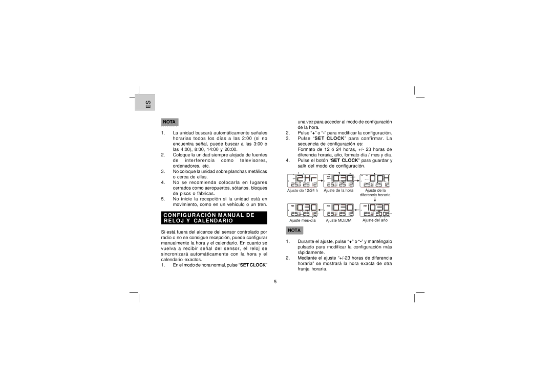 Oregon Scientific EW96 user manual Configuración Manual DE Reloj Y Calendario 