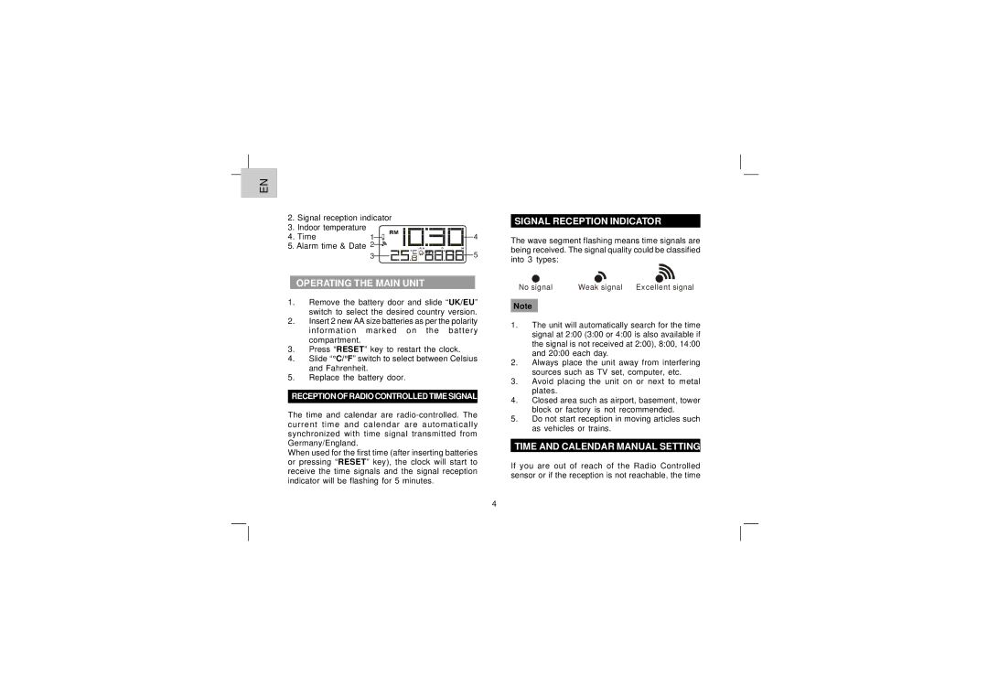 Oregon Scientific EW96 user manual Operating the Main Unit, Signal Reception Indicator, Time and Calendar Manual Setting 