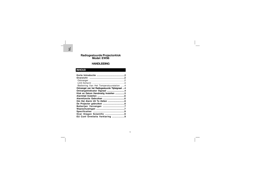 Oregon Scientific EW96 user manual Handleiding, Inhoud 