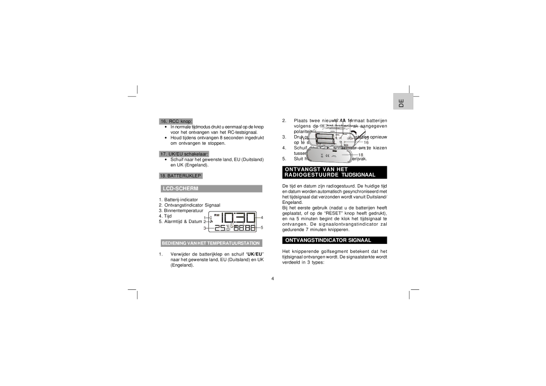 Oregon Scientific EW96 user manual Lcd-Scherm, Ontvangst VAN HET Radiogestuurde Tijdsignaal, Ontvangstindicator Signaal 