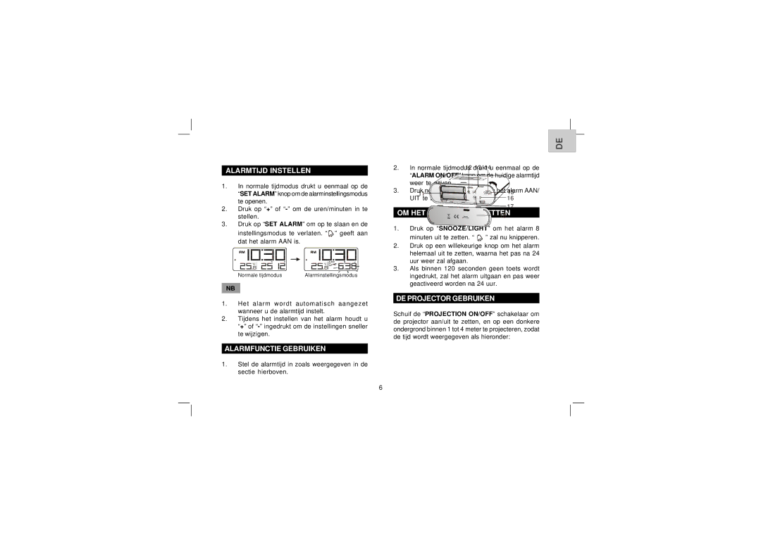 Oregon Scientific EW96 Alarmtijd Instellen, Alarmfunctie Gebruiken, OM HET Alarm UIT TE Zetten, DE Projector Gebruiken 