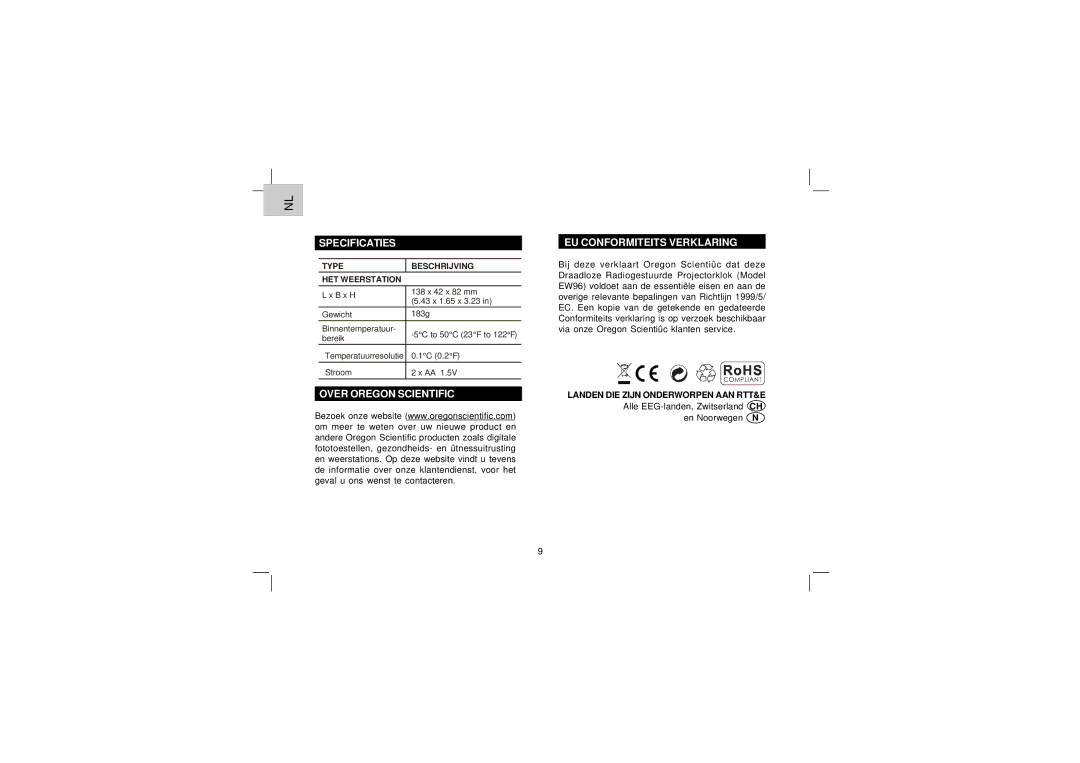 Oregon Scientific EW96 user manual Specificaties, Over Oregon Scientific EU Conformiteits Verklaring 