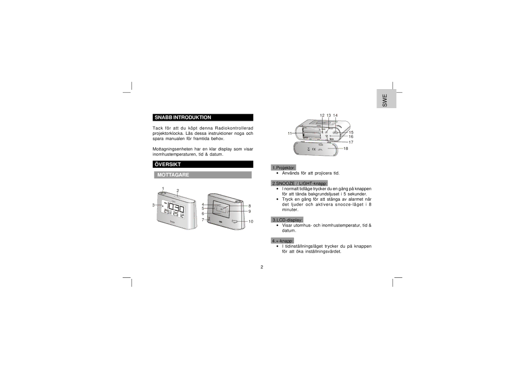 Oregon Scientific EW96 user manual Snabb Introduktion, Översikt Mottagare 