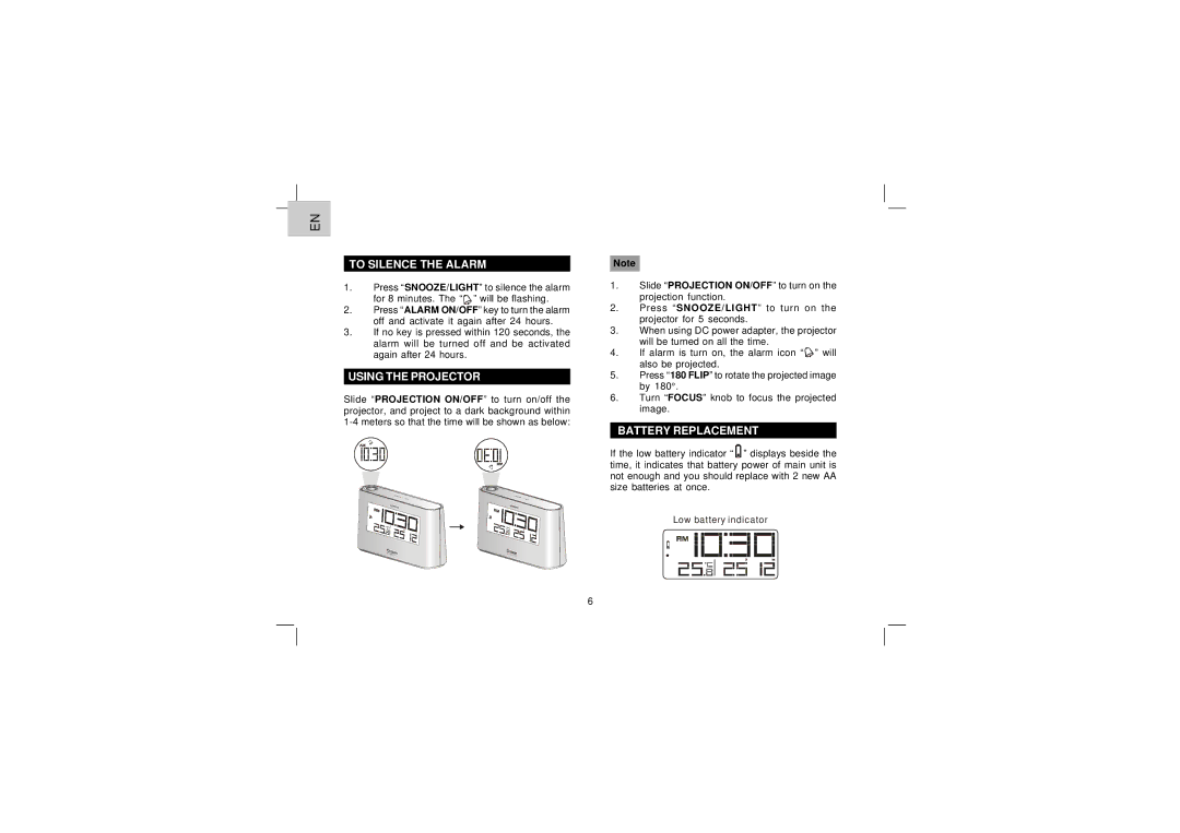 Oregon Scientific EW96 user manual To Silence the Alarm, Using the Projector, Battery Replacement 