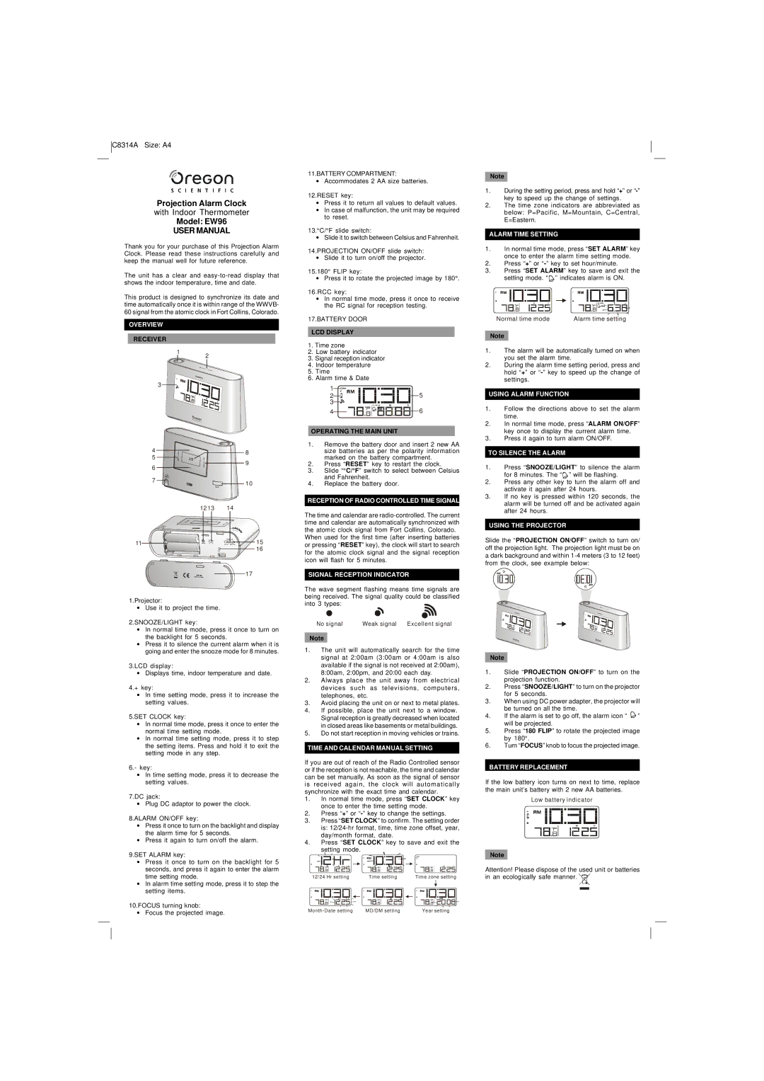 Oregon Scientific EW96 user manual Alarm Time Setting, Overview, Using Alarm Function, Signal Reception Indicator 