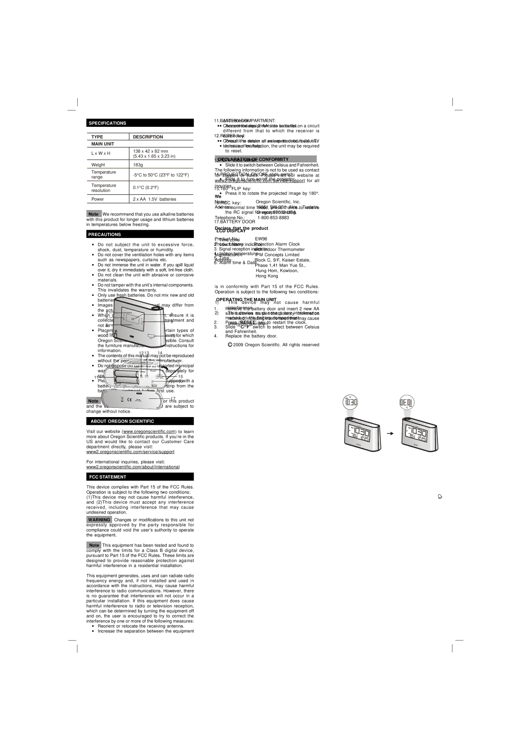 Oregon Scientific EW96 Specifications, Precautions, About Oregon Scientific FCC Statement, Declaration of Conformity 