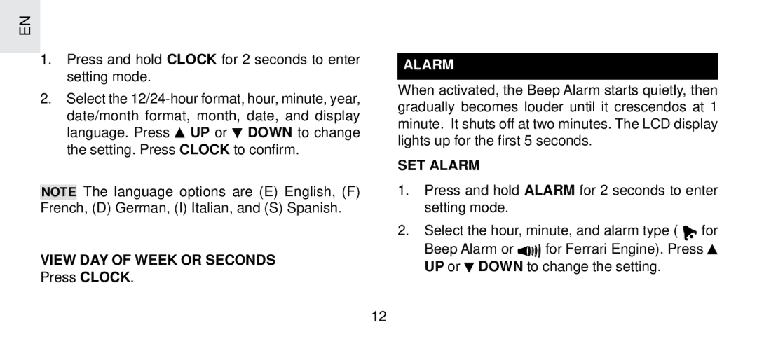 Oregon Scientific FSP-301 specifications View DAY of Week or Seconds, SET Alarm 