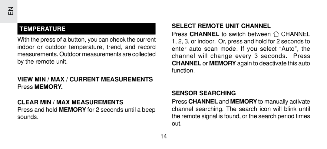 Oregon Scientific FSP-301 Temperature, View MIN / MAX / Current Measurements Press Memory, Clear MIN / MAX Measurements 