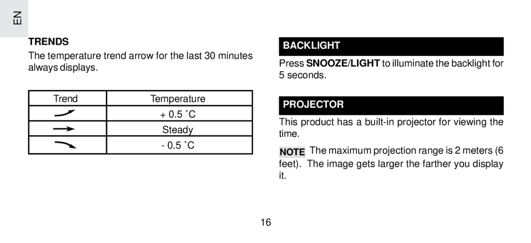 Oregon Scientific FSP-301 specifications Trends, Backlight, Projector 