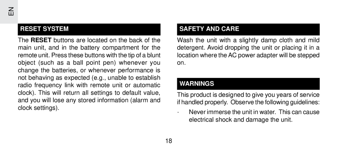 Oregon Scientific FSP-301 specifications Reset System, Safety and Care 