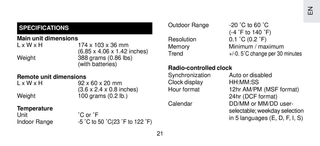 Oregon Scientific FSP-301 specifications Specifications, Main unit dimensions, Remote unit dimensions, Temperature 