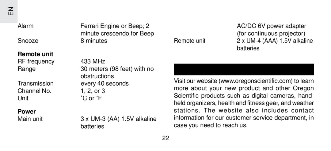 Oregon Scientific FSP-301 specifications Remote unit, Power, Additional Resources 