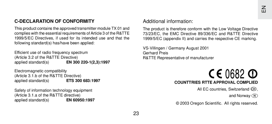 Oregon Scientific FSP-301 specifications Additional information 