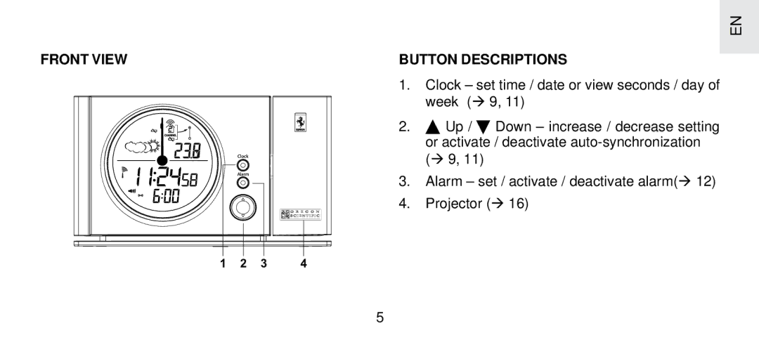 Oregon Scientific FSP-301 specifications Front View Button Descriptions 