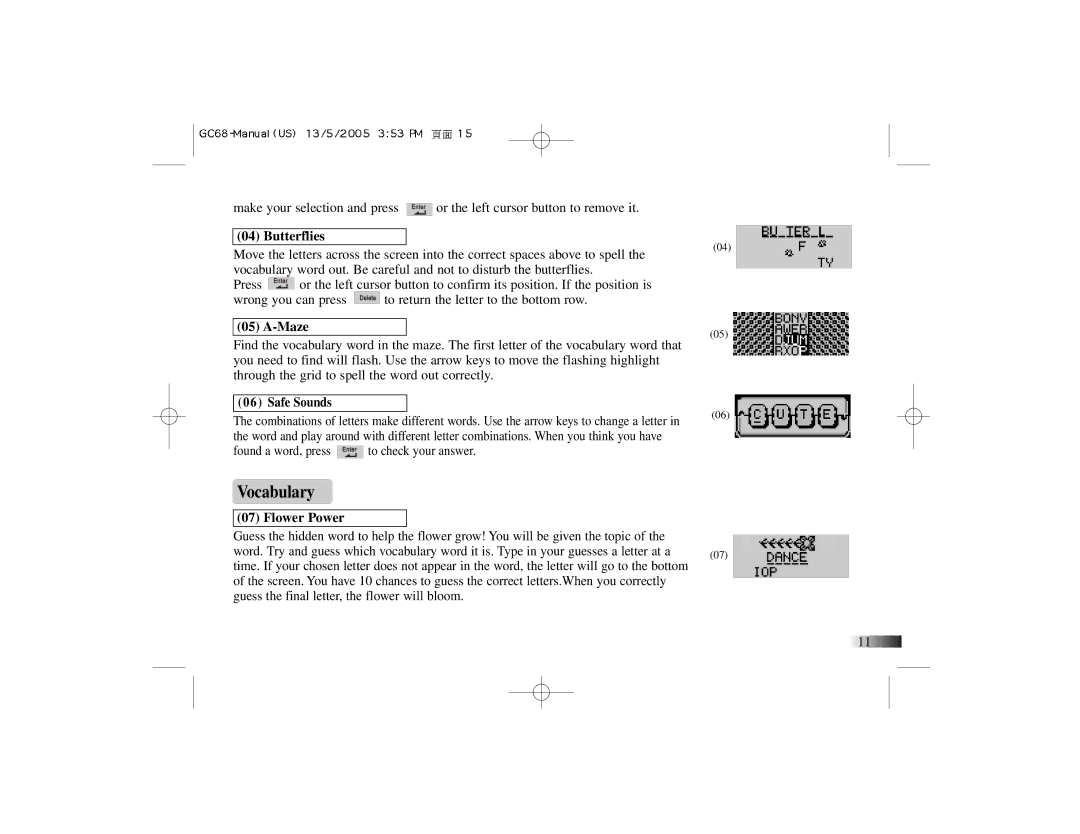 Oregon Scientific G068 manual Vocabulary, Butterflies, Maze, Flower Power 