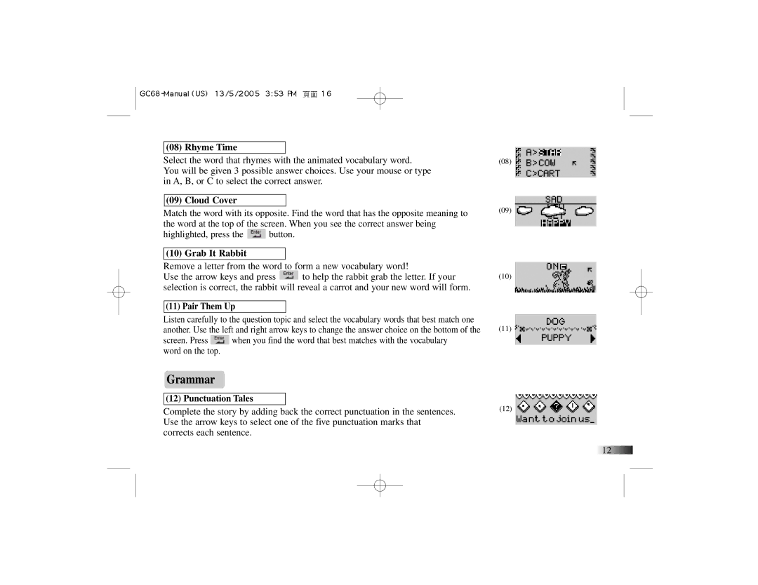 Oregon Scientific G068 manual Grammar, Rhyme Time, Cloud Cover, Grab It Rabbit, Punctuation Tales 