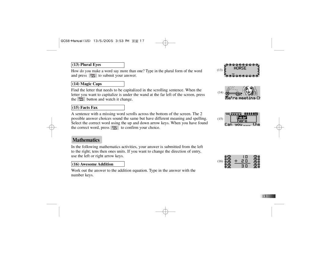 Oregon Scientific G068 manual Mathematics, Plural Eyes, Magic Caps, Facts Fax, Awesome Addition 